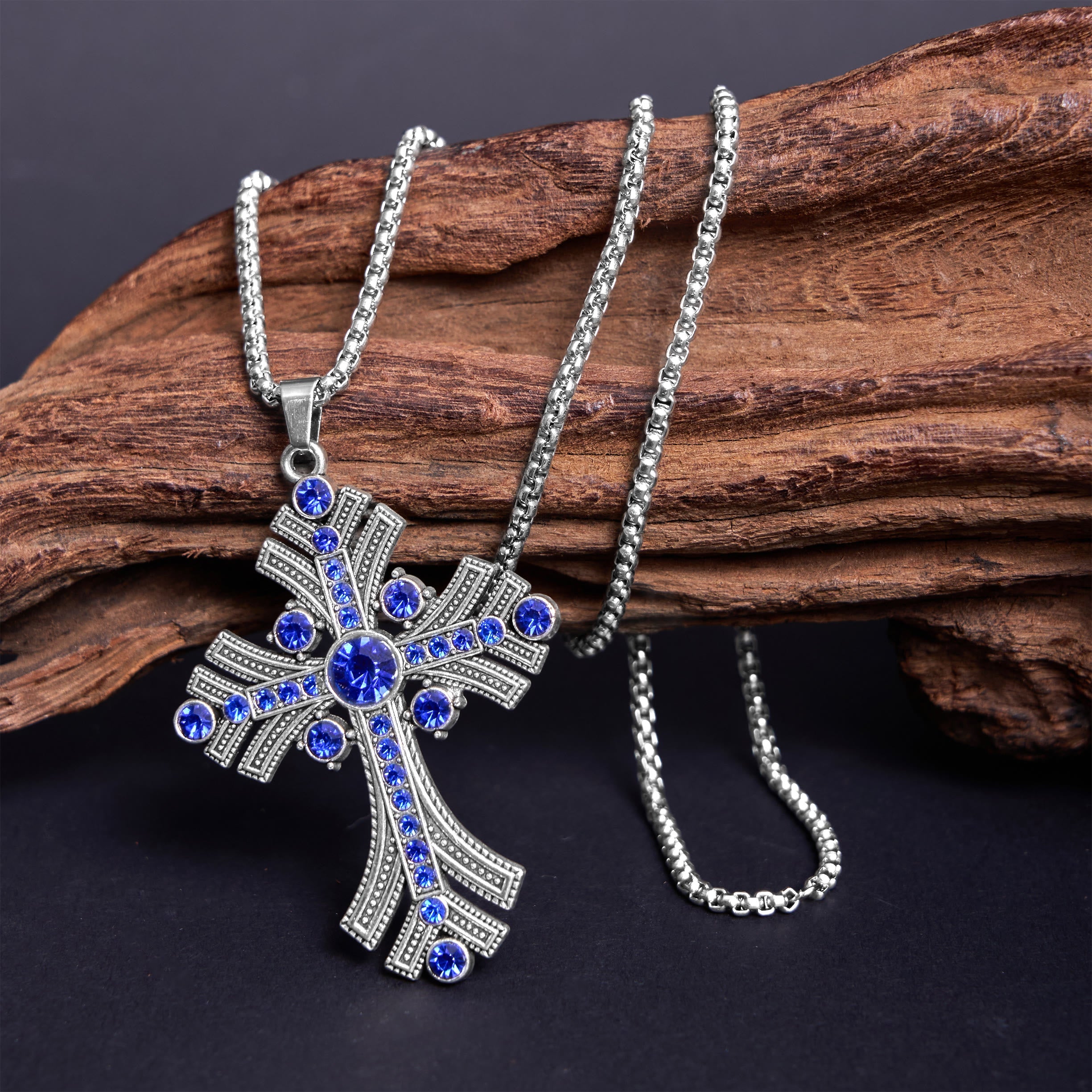 Christiandiscipleshop Retro Bohemian Style Blue Gemstones Cross Pendant Necklace