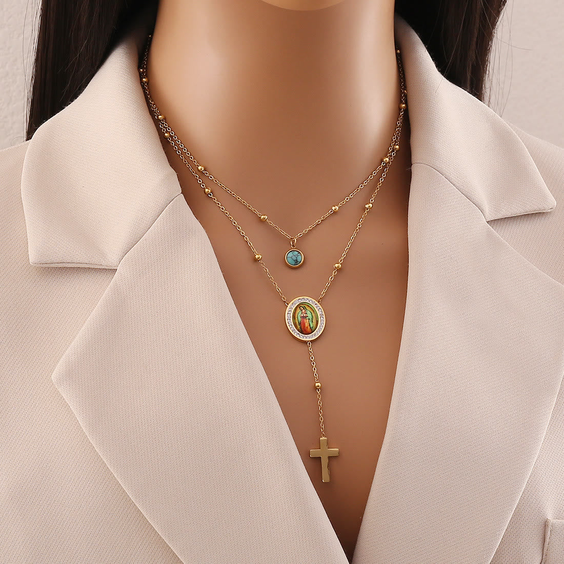 christiandiscipleshop Minimalist Style Double Layered Our Lady of Guadalupe Turquoise Cross Necklace