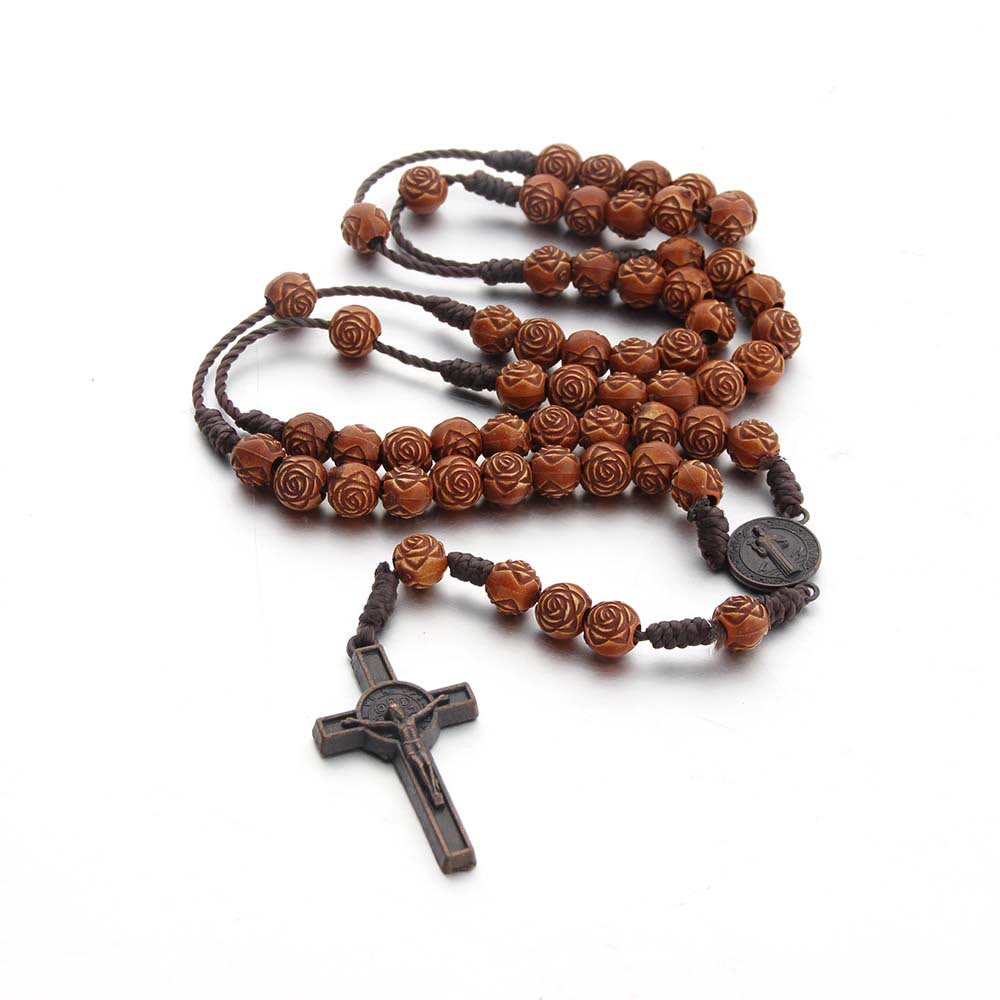 Christiandiscipleshop St. Benedict Medal & Crucifix of 8 mm Rose Brown Acrylic Nylon Cord Rosary