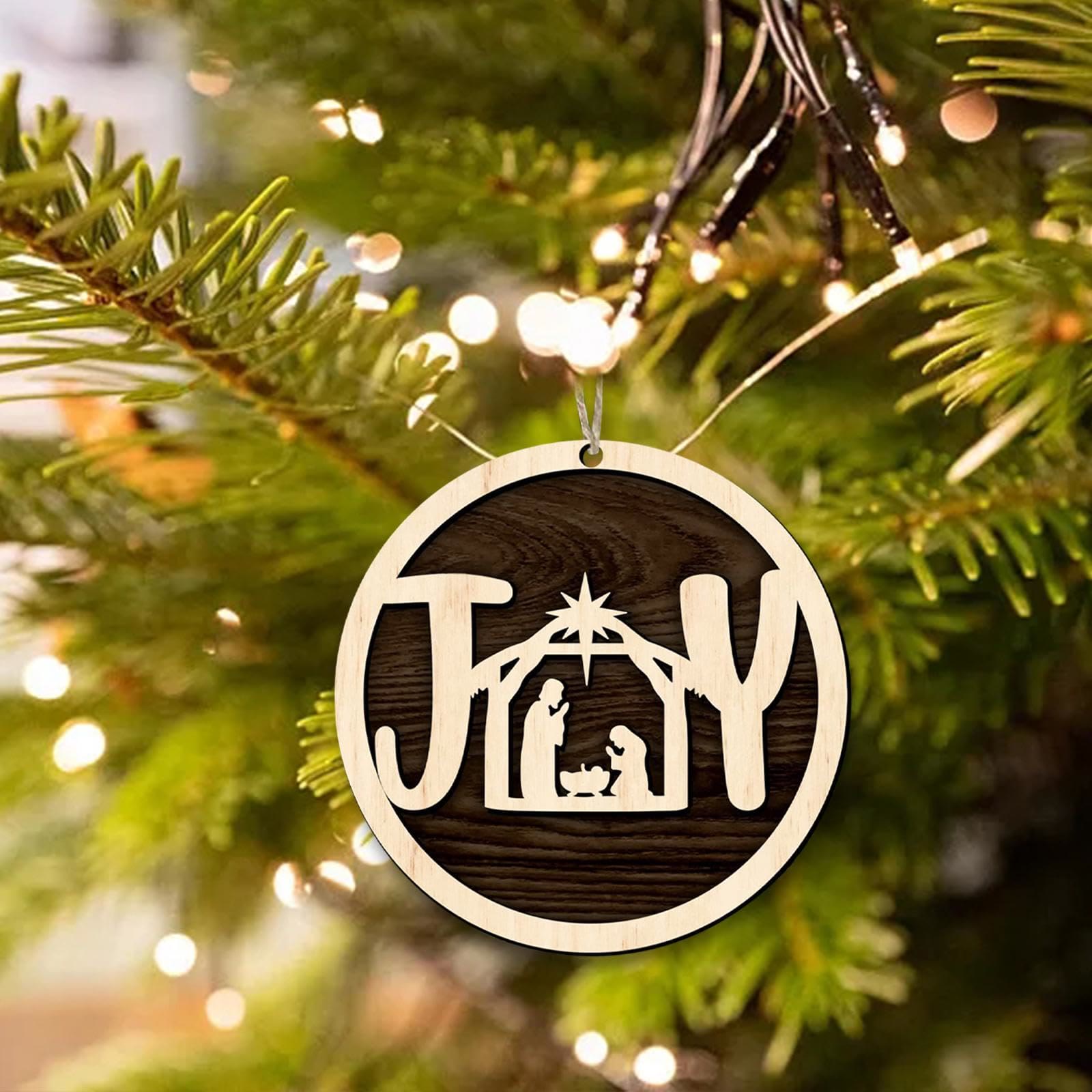 christiandiscipleshop Minimalist Style Wooden Nativity Scene Joy Pendant Christmas Nativity Hanging Ornaments