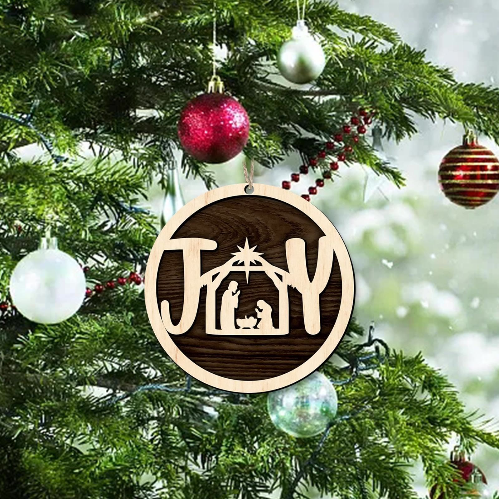 christiandiscipleshop Minimalist Style Wooden Nativity Scene Joy Pendant Christmas Nativity Hanging Ornaments
