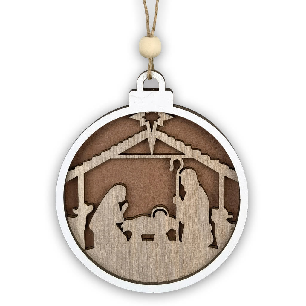 christiandiscipleshop Minimalist Style Layered Wooden Jesus Nativity Scene Pendant Christmas Nativity Hanging Ornaments