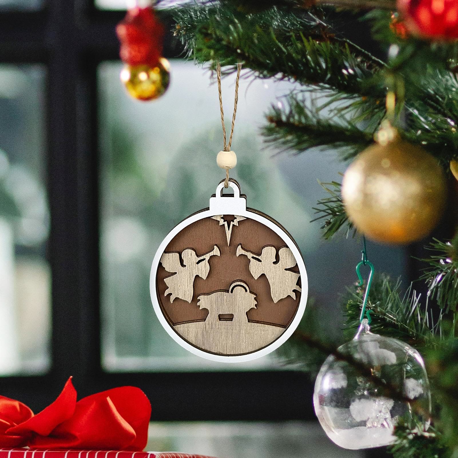 christiandiscipleshop Minimalist Style Layered Wooden Angelic Figures Nativity Scene Pendant Christmas Nativity Hanging Ornaments