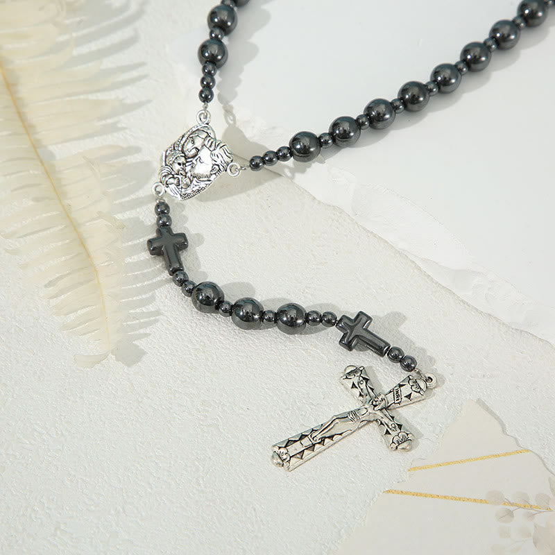 christiandiscipleshop Holy Family & Crucifix of 8 mm Round Black Gallstone Nylon Cord Rosary