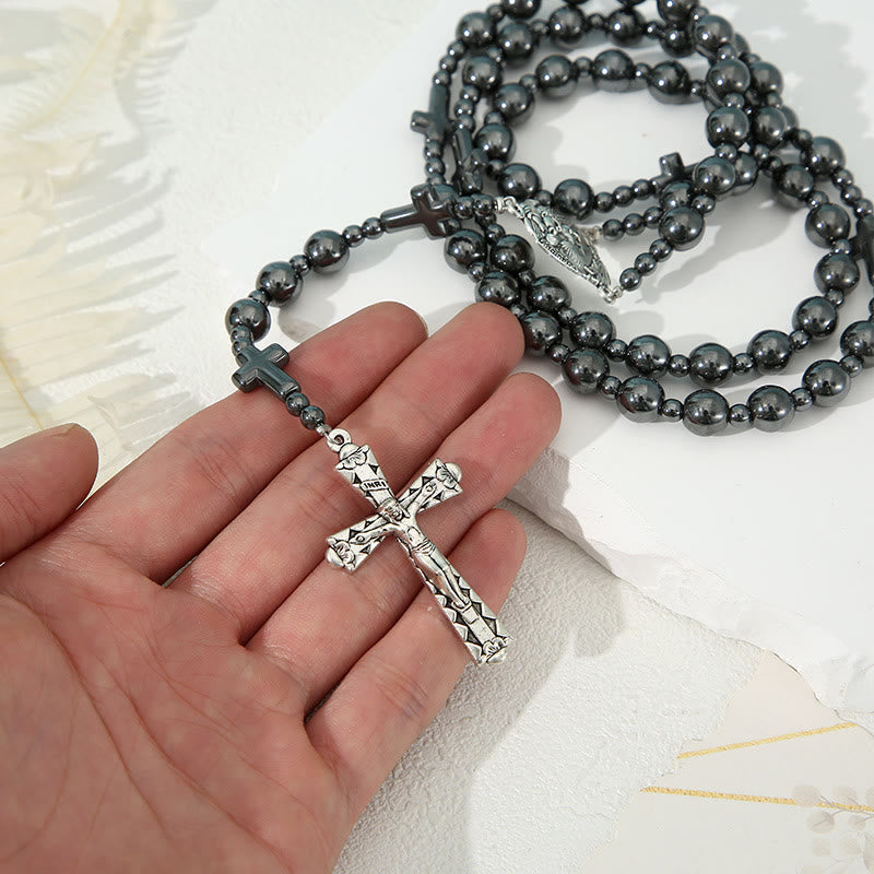 christiandiscipleshop Holy Family & Crucifix of 8 mm Round Black Gallstone Nylon Cord Rosary