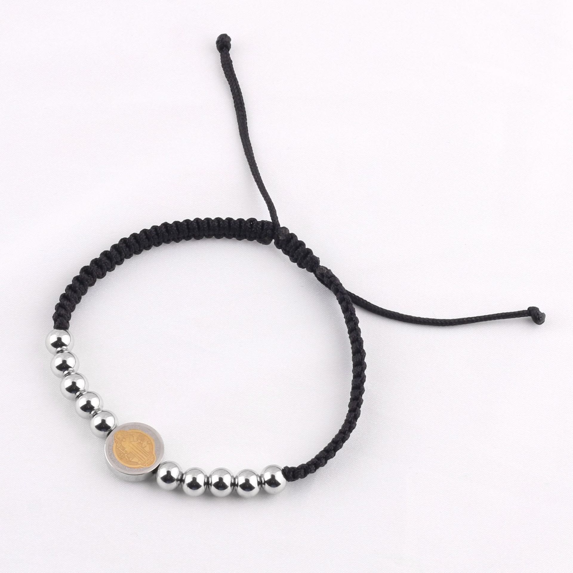 christiandiscipleshop Minimalist Style St. Benedict Medal Stainless Steel Beads Adjustable Nylon Cord Bracelet