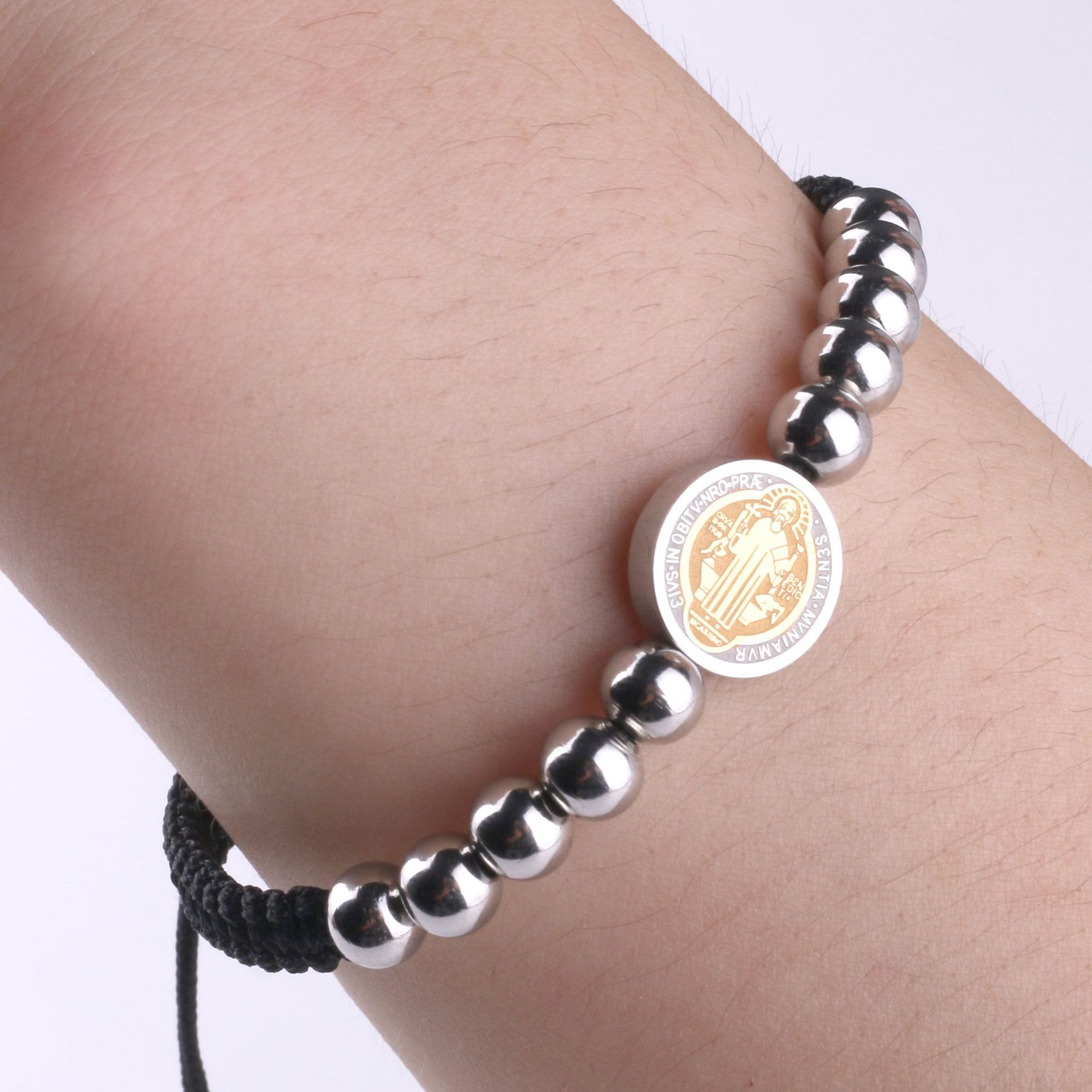 christiandiscipleshop Minimalist Style St. Benedict Medal Stainless Steel Beads Adjustable Nylon Cord Bracelet