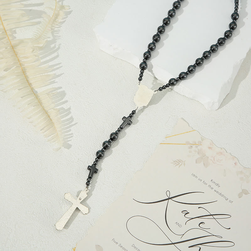 christiandiscipleshop Holy Family & Crucifix of 8 mm Round Black Gallstone Nylon Cord Rosary