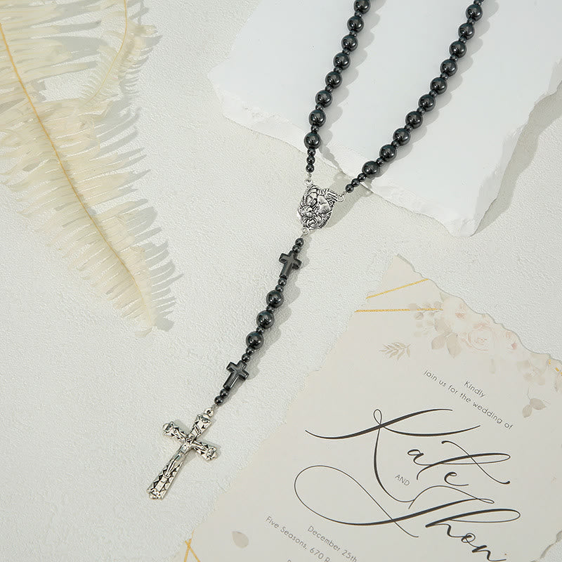 christiandiscipleshop Holy Family & Crucifix of 8 mm Round Black Gallstone Nylon Cord Rosary