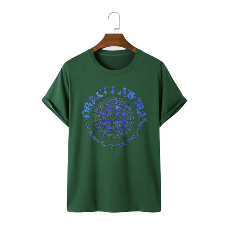 Christiandiscipleshop Classic Style Ora et Labora Saint Benedict Medal Short Sleeve Washed T-shirt