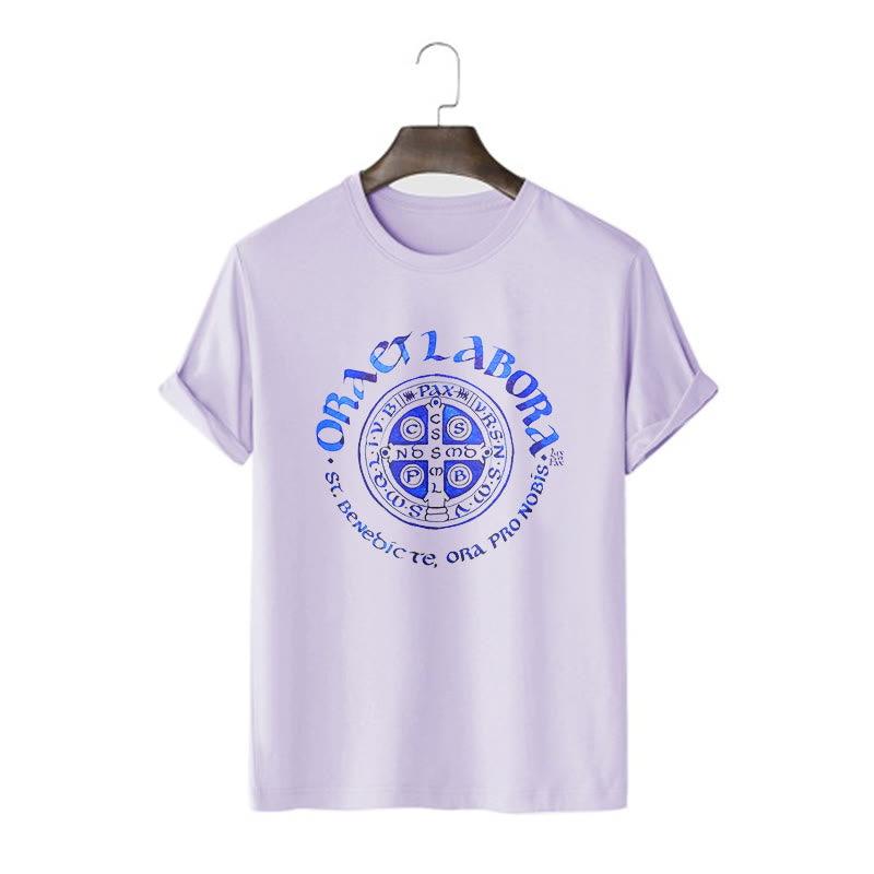 Christiandiscipleshop Classic Style Ora et Labora Saint Benedict Medal Short Sleeve Washed T-shirt