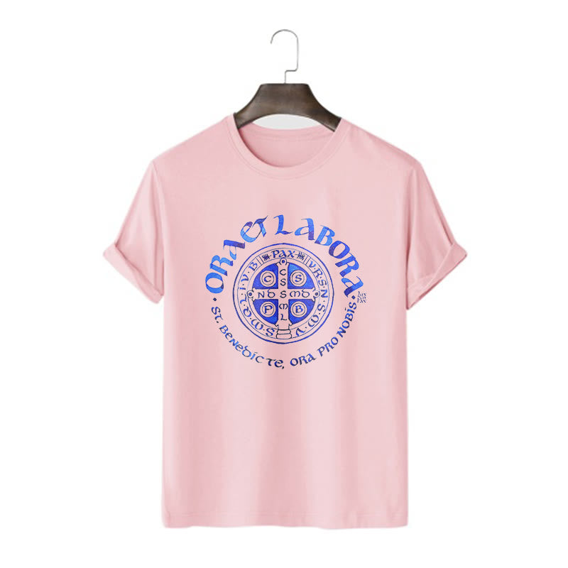 Christiandiscipleshop Classic Style Ora et Labora Saint Benedict Medal Short Sleeve Washed T-shirt