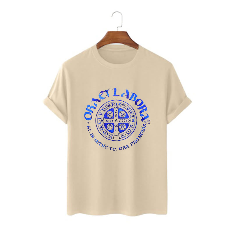 Christiandiscipleshop Classic Style Ora et Labora Saint Benedict Medal Short Sleeve Washed T-shirt