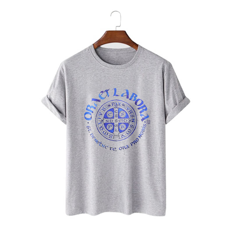 Christiandiscipleshop Classic Style Ora et Labora Saint Benedict Medal Short Sleeve Washed T-shirt