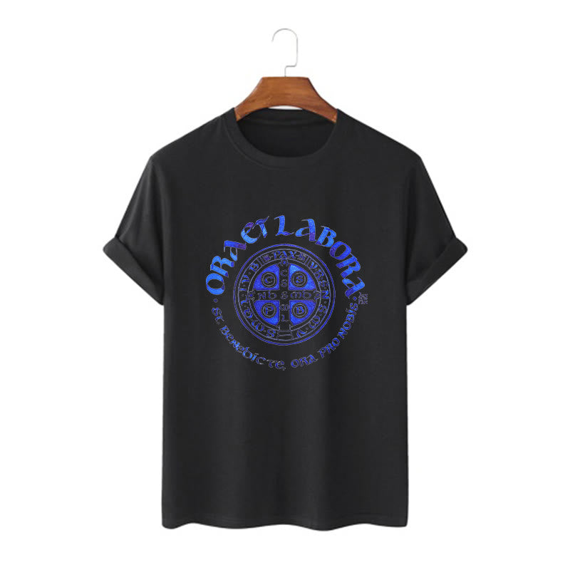 Christiandiscipleshop Classic Style Ora et Labora Saint Benedict Medal Short Sleeve Washed T-shirt