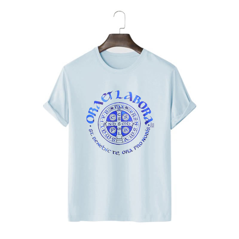Christiandiscipleshop Classic Style Ora et Labora Saint Benedict Medal Short Sleeve Washed T-shirt