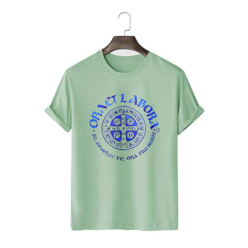 Christiandiscipleshop Classic Style Ora et Labora Saint Benedict Medal Short Sleeve Washed T-shirt
