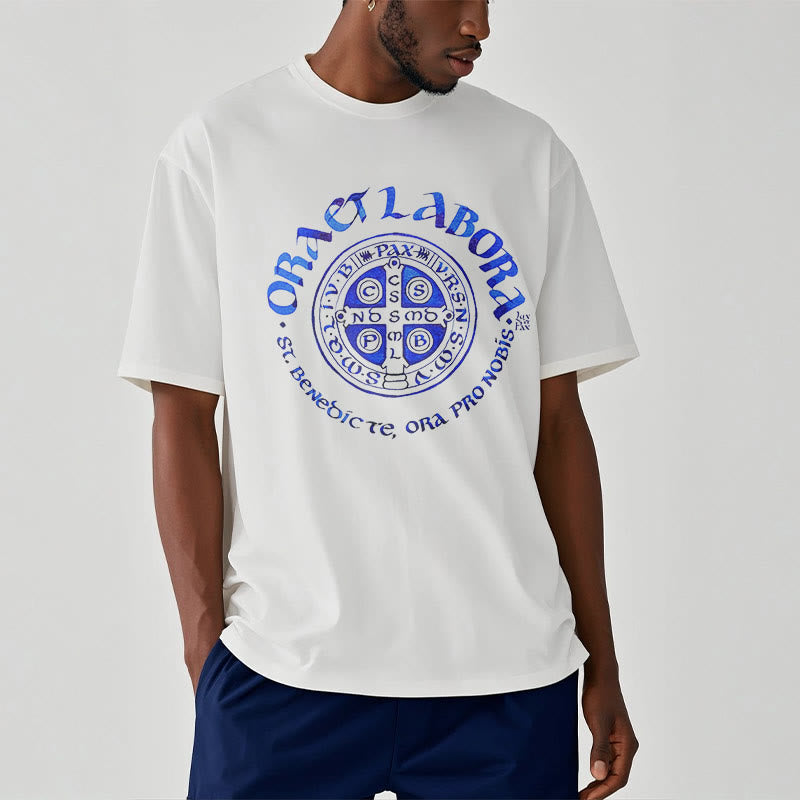 Christiandiscipleshop Classic Style Ora et Labora Saint Benedict Medal Short Sleeve Washed T-shirt