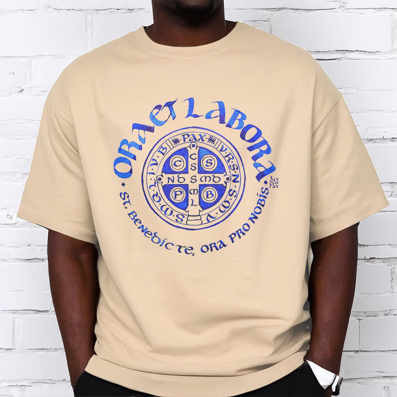 Christiandiscipleshop Classic Style Ora et Labora Saint Benedict Medal Short Sleeve Washed T-shirt