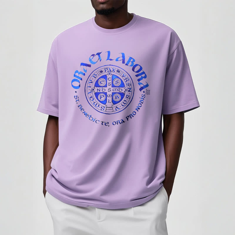 Christiandiscipleshop Classic Style Ora et Labora Saint Benedict Medal Short Sleeve Washed T-shirt