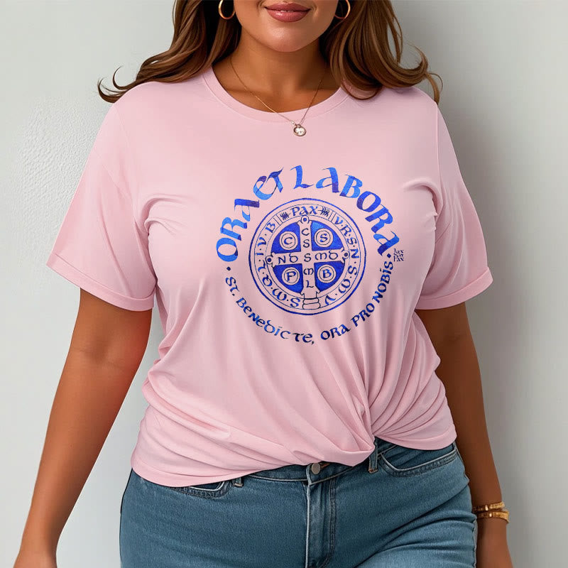 Christiandiscipleshop Classic Style Ora et Labora Saint Benedict Medal Short Sleeve Washed T-shirt