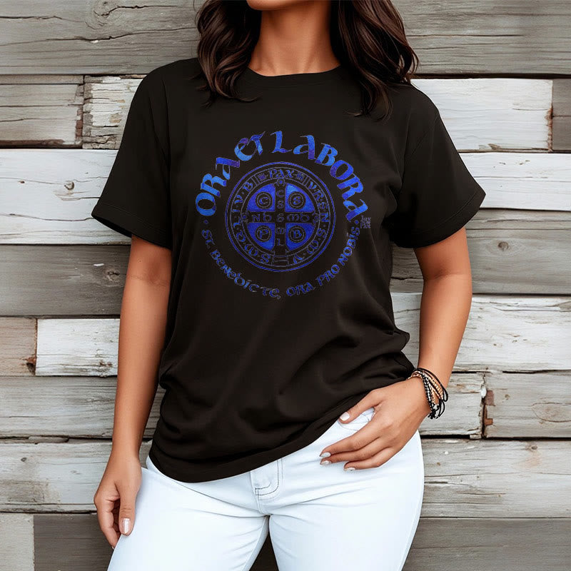 Christiandiscipleshop Classic Style Ora et Labora Saint Benedict Medal Short Sleeve Washed T-shirt