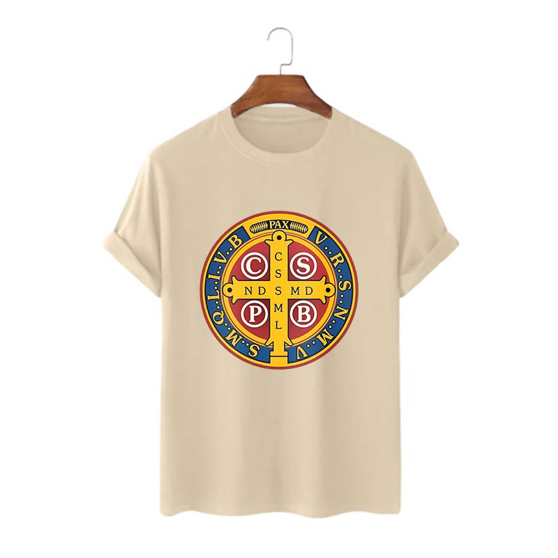 Christiandiscipleshop Classic Style Golden St. Benedict Medal Short Sleeve Washed T-shirt