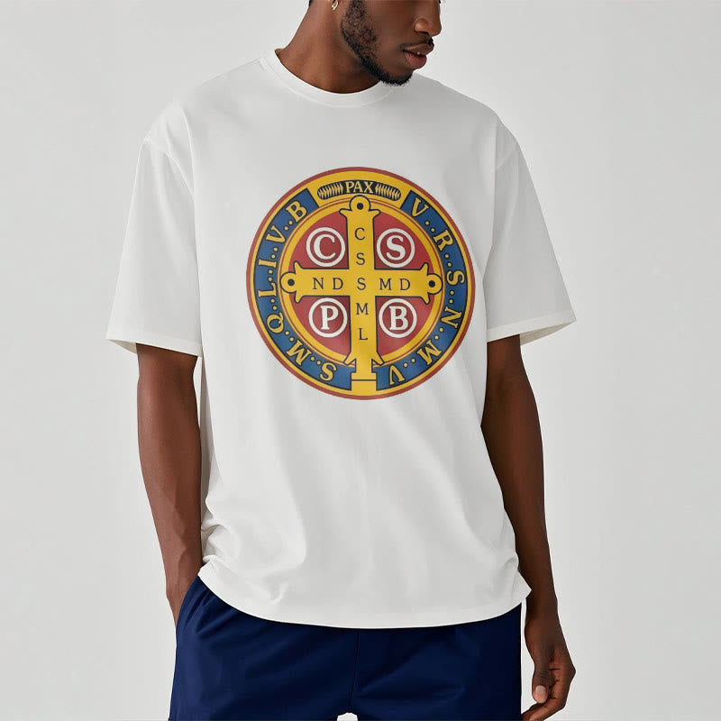 Christiandiscipleshop Classic Style Golden St. Benedict Medal Short Sleeve Washed T-shirt