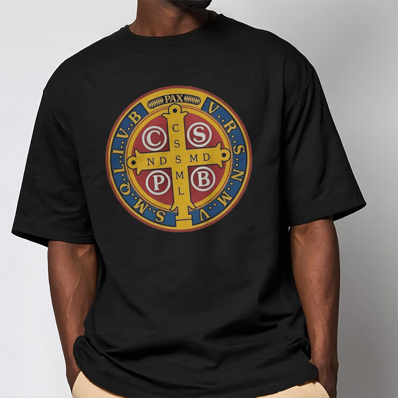 Christiandiscipleshop Classic Style Golden St. Benedict Medal Short Sleeve Washed T-shirt