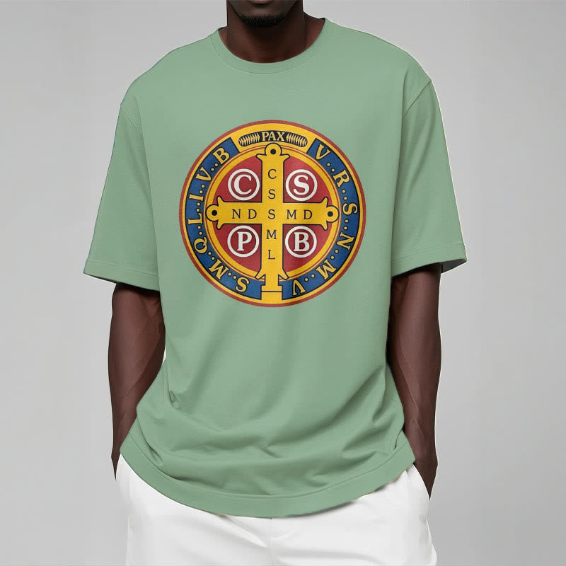 Christiandiscipleshop Classic Style Golden St. Benedict Medal Short Sleeve Washed T-shirt