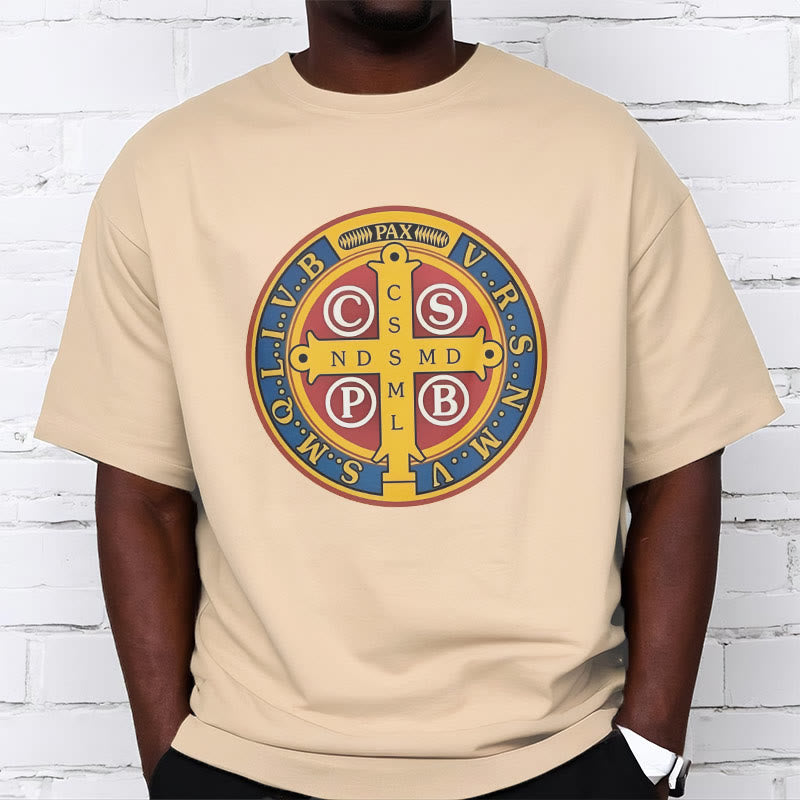 Christiandiscipleshop Classic Style Golden St. Benedict Medal Short Sleeve Washed T-shirt