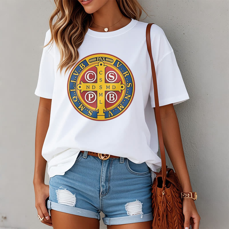 Christiandiscipleshop Classic Style Golden St. Benedict Medal Short Sleeve Washed T-shirt