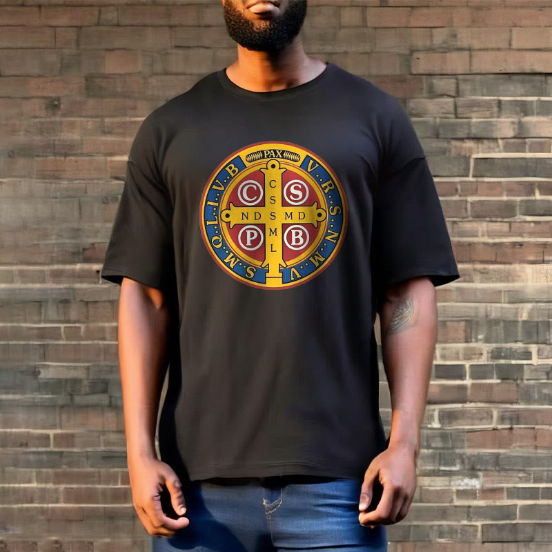 Christiandiscipleshop Classic Style Golden St. Benedict Medal Short Sleeve Washed T-shirt