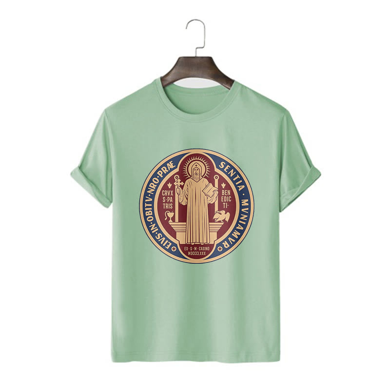 Christiandiscipleshop Classic Style Iconic Saint Benedict Medal Blessing Short Sleeve Washed T-shirt