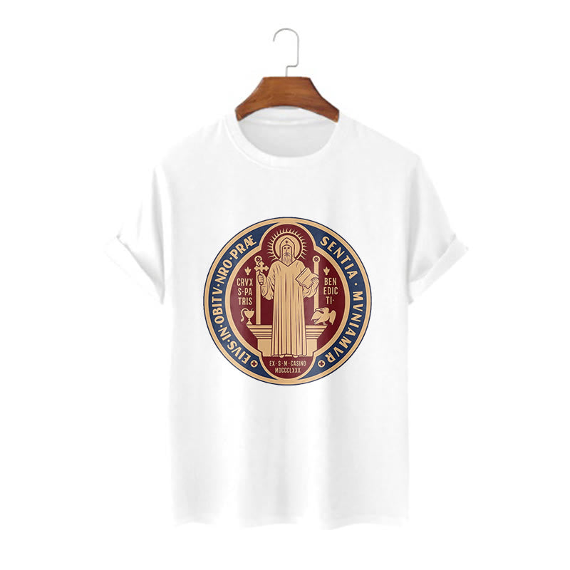 Christiandiscipleshop Classic Style Iconic Saint Benedict Medal Blessing Short Sleeve Washed T-shirt