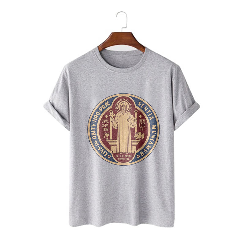 Christiandiscipleshop Classic Style Iconic Saint Benedict Medal Blessing Short Sleeve Washed T-shirt