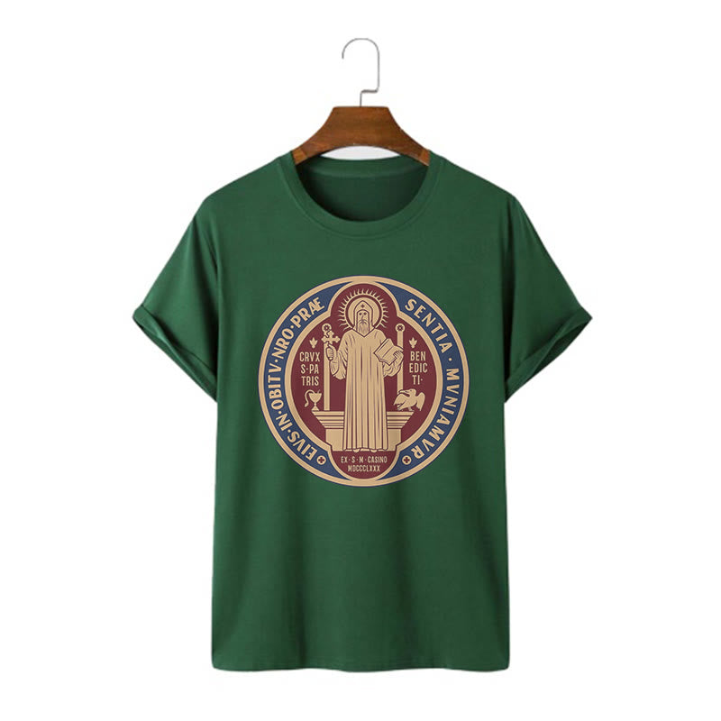 Christiandiscipleshop Classic Style Iconic Saint Benedict Medal Blessing Short Sleeve Washed T-shirt