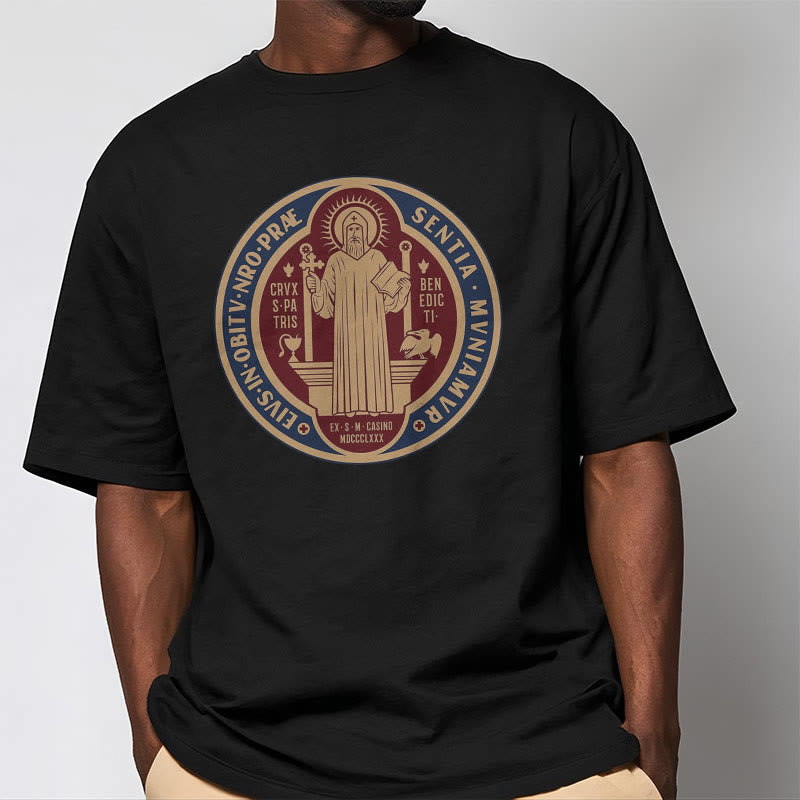 Christiandiscipleshop Classic Style Iconic Saint Benedict Medal Blessing Short Sleeve Washed T-shirt