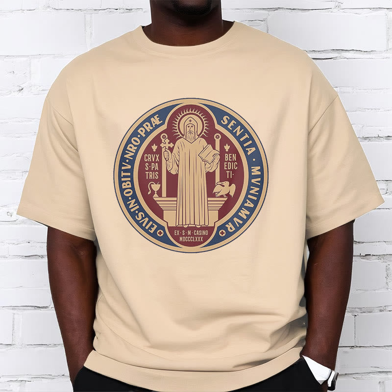 Christiandiscipleshop Classic Style Iconic Saint Benedict Medal Blessing Short Sleeve Washed T-shirt