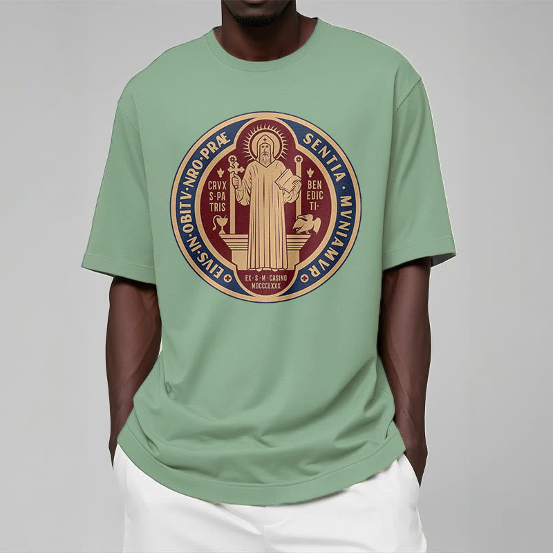 Christiandiscipleshop Classic Style Iconic Saint Benedict Medal Blessing Short Sleeve Washed T-shirt