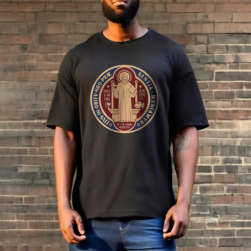 Christiandiscipleshop Classic Style Iconic Saint Benedict Medal Blessing Short Sleeve Washed T-shirt