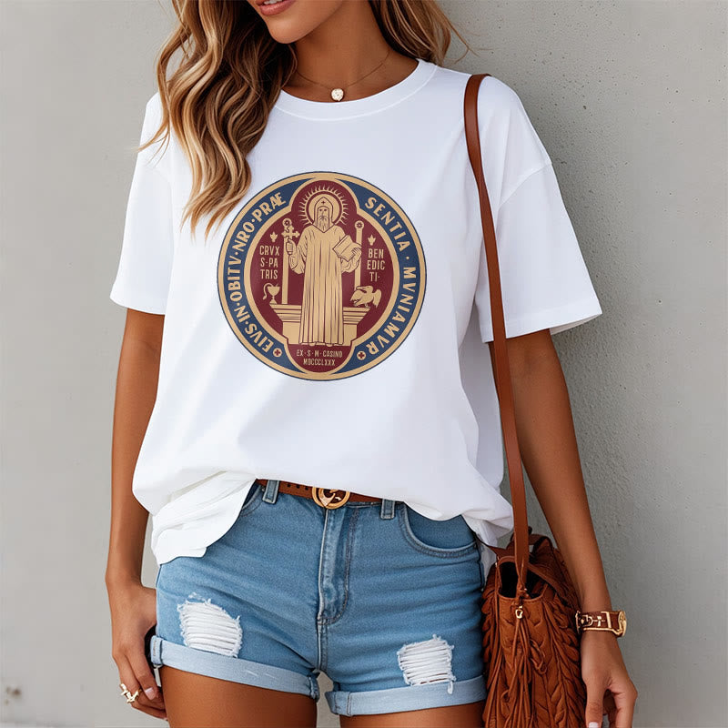 Christiandiscipleshop Classic Style Iconic Saint Benedict Medal Blessing Short Sleeve Washed T-shirt