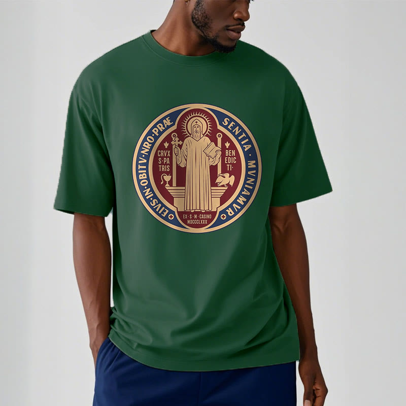 Christiandiscipleshop Classic Style Iconic Saint Benedict Medal Blessing Short Sleeve Washed T-shirt