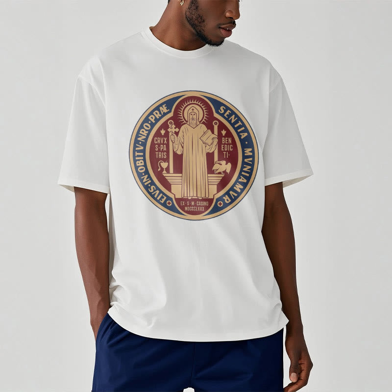 Christiandiscipleshop Classic Style Iconic Saint Benedict Medal Blessing Short Sleeve Washed T-shirt