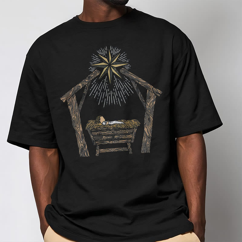Christiandiscipleshop Classic Style Nativity Scene Manger And Star Short Sleeve Washed T-shirt
