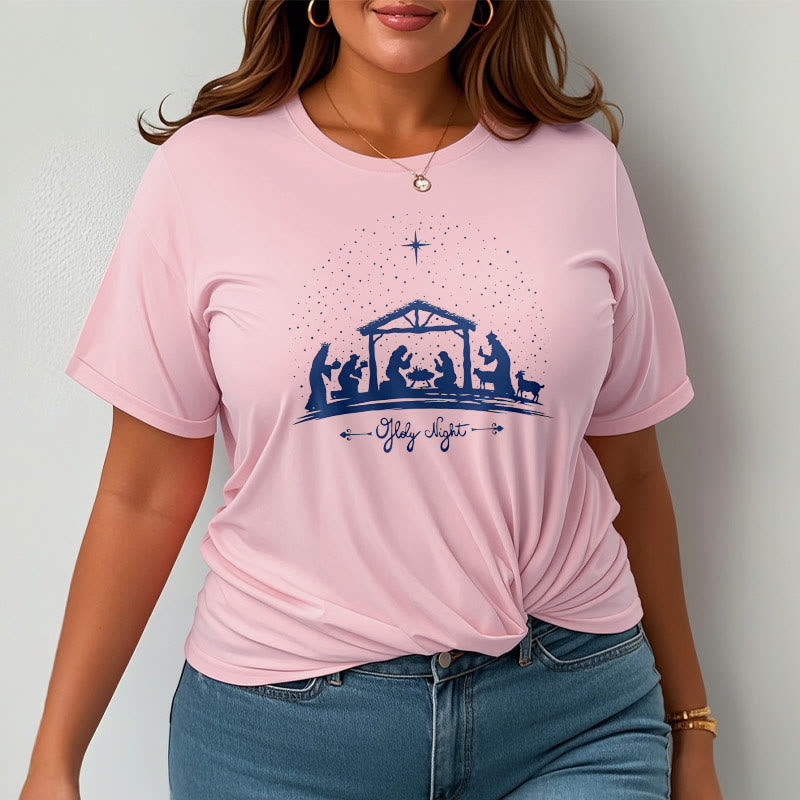 christiandiscipleshop Modern Style Nativity Scene Holy Night Silhouett Short Sleeve Washed T-shirt