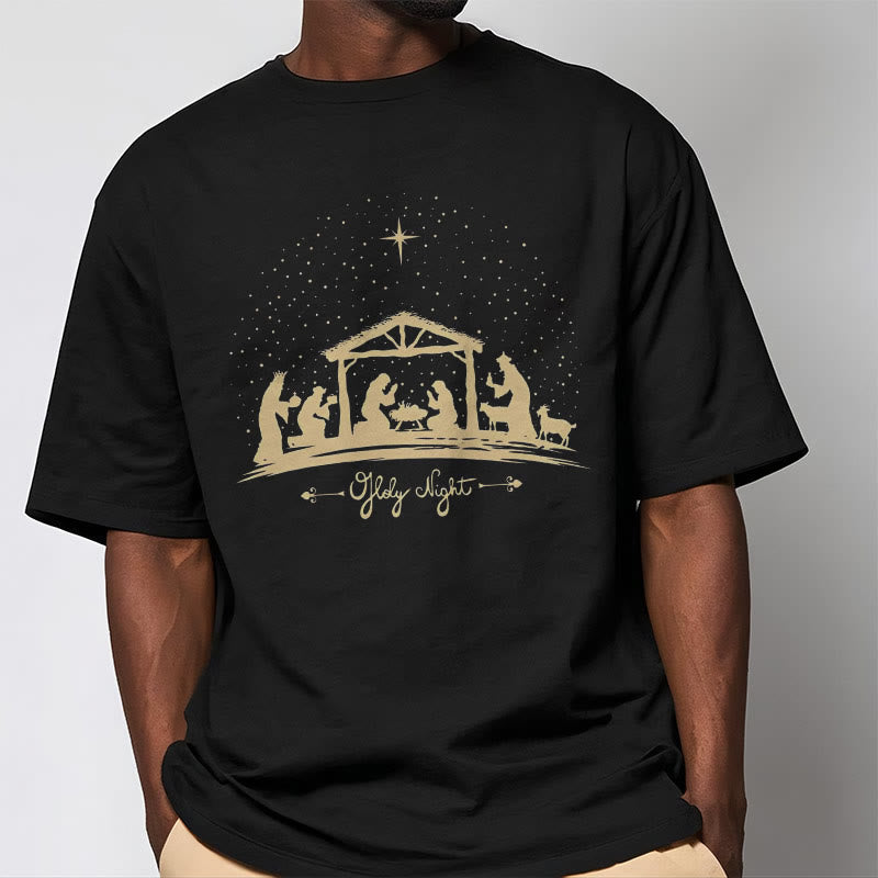 christiandiscipleshop Modern Style Nativity Scene Holy Night Silhouett Short Sleeve Washed T-shirt