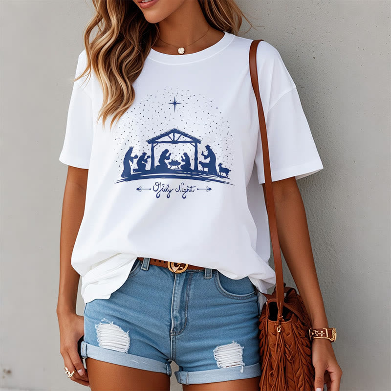 christiandiscipleshop Modern Style Nativity Scene Holy Night Silhouett Short Sleeve Washed T-shirt