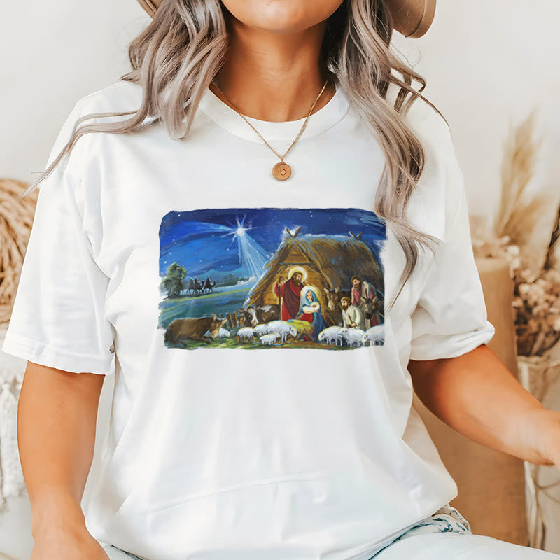 Christiandiscipleshop Farbiges Kurzarm-T-Shirt mit Stern von Bethlehem und Krippenmotiv