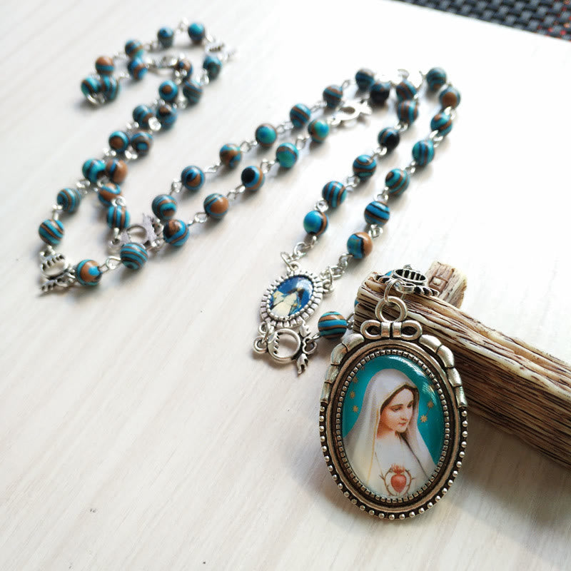 christiandiscipleshop Miraculous Medal & Crucifix of 6 mm Round Green Malachite Alloy Chain Rosary